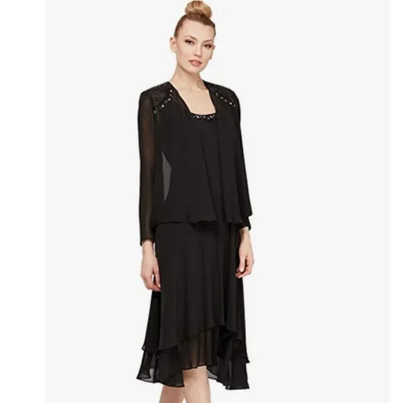 green emerald velvet dress SL Fashions Chiffon Jacket with Beaded Detail Scoop Neckline Tiered Skirt  Set Dress (Plus Size) main image 1